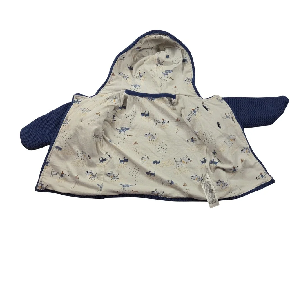 M&S Navy Blue Knit Bear Ear Hooded Cardigan Sweater Dog Print Lining Fall